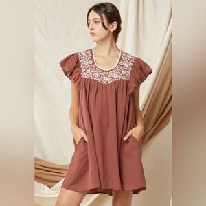 Entro Dress Chocolate Babydoll with embroidered yoke and puff sleeves